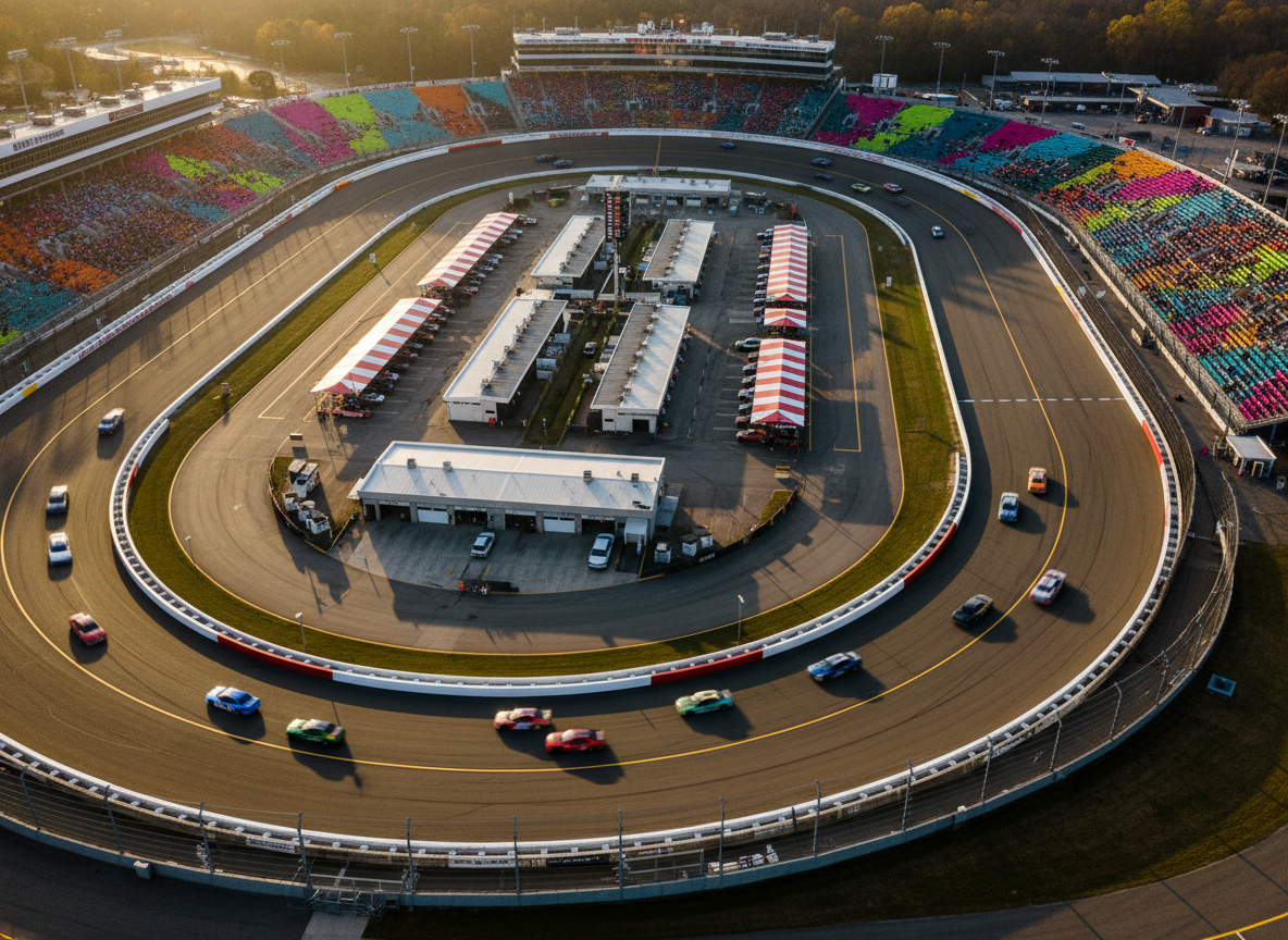 A sweeping aerial photographic view of a modern North Carolina oval race track, with a smooth asphalt surface marked by crisp white and yellow lines. Several brightly colored stock cars blur around the banking, captured mid-corner to emphasize speed. Grandstands wrap around the track, filled with abstract, non-human shapes and vibrant color blocks suggesting a packed, energetic crowd. Infield garages, pit road canopies, and scoring pylons showcase the full facility. Shot at golden hour with warm sunlight grazing the track and long shadows stretching across the infield, the mood is bold and electric. Composed from a high, slightly tilted angle with sharp focus throughout, in vivid, realistic photographic style for a dynamic homepage hero image.