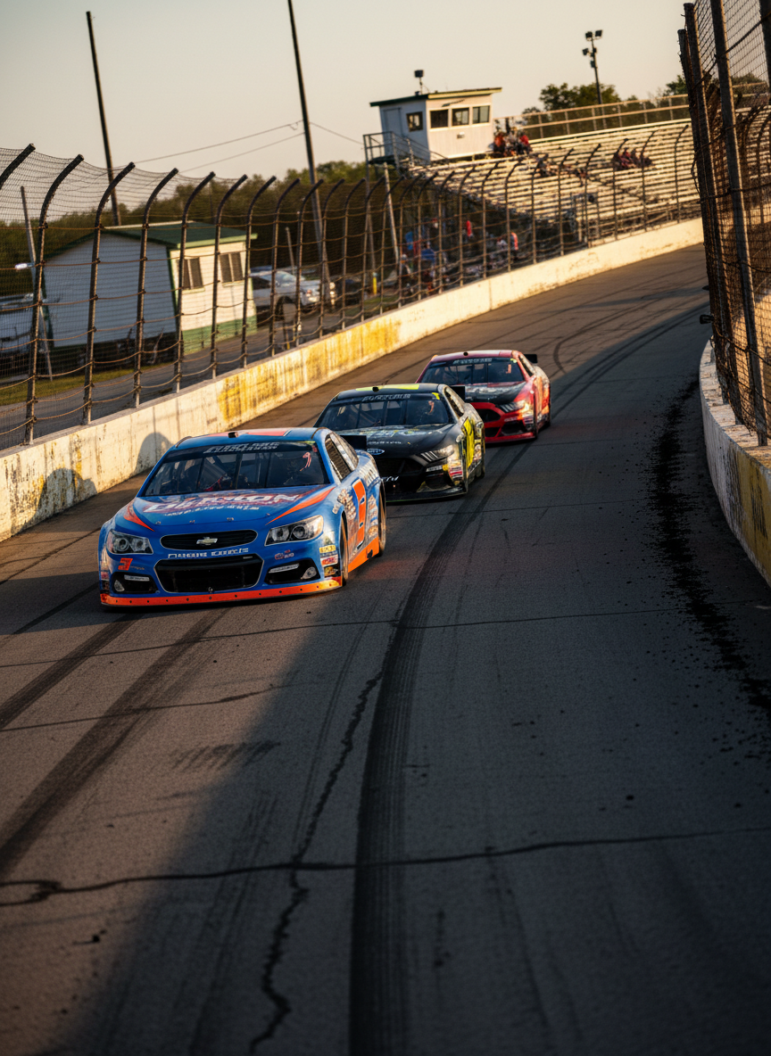 A close, trackside photographic scene at a classic North Carolina short track, with race cars thundering down the straightaway.