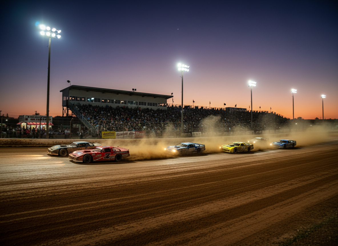 A dramatic wide-angle photo of a dirt oval race track at night or dusk, with racing cars on the track, bright stadium lights illuminating the scene, grandstands visible, motion blur on the cars, high energy atmosphere