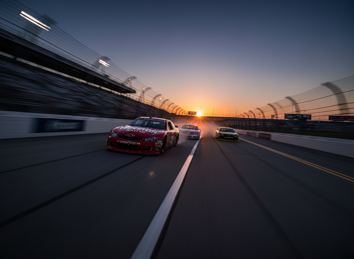 A dramatic wide shot of stock cars racing three-wide down the front straightaway of a North Carolina superspeedway at dusk, with motion blur and long shadows.