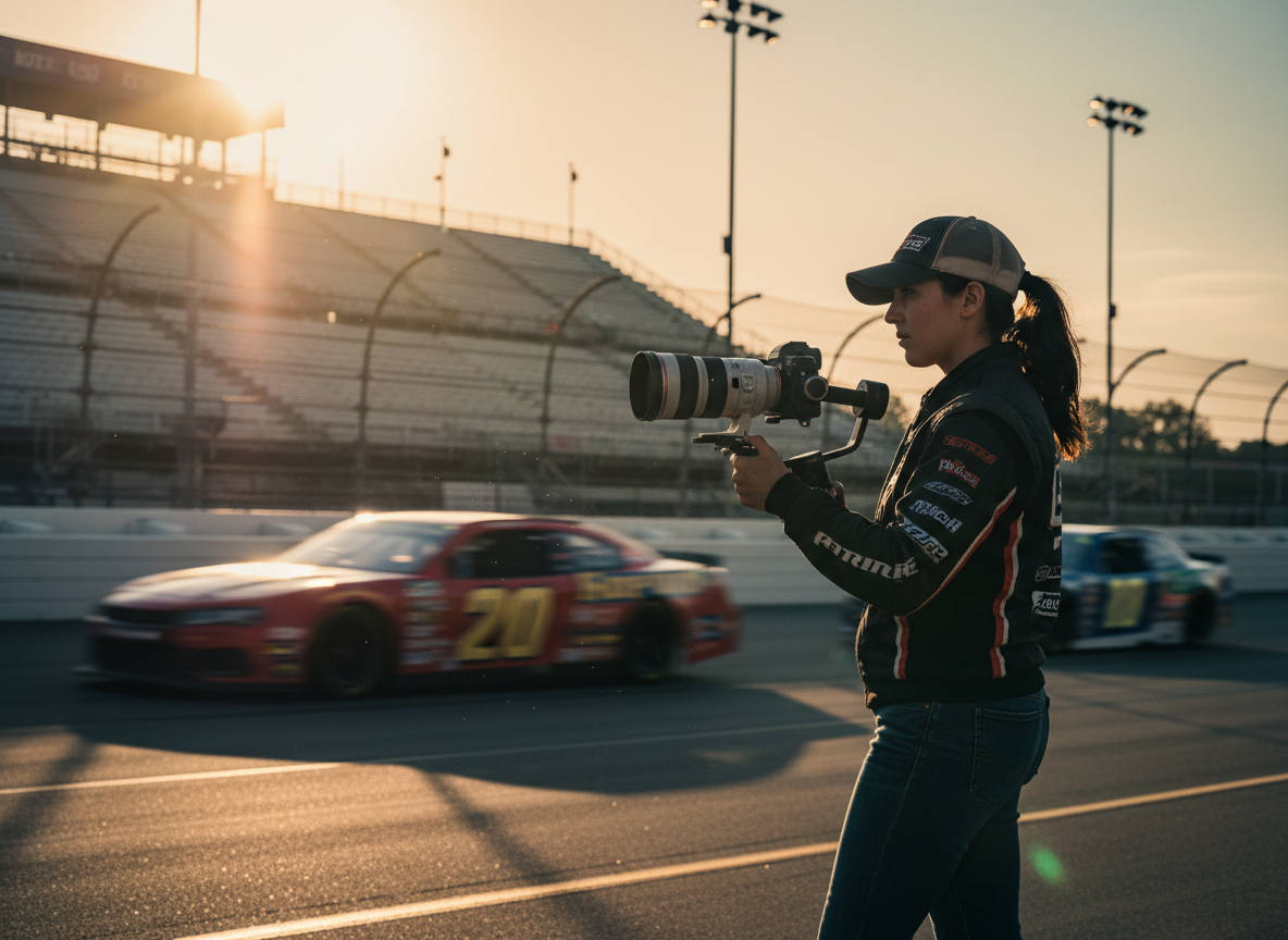 A motorsports content creator filming trackside as race cars blur past at a North Carolina oval in golden late-afternoon light.