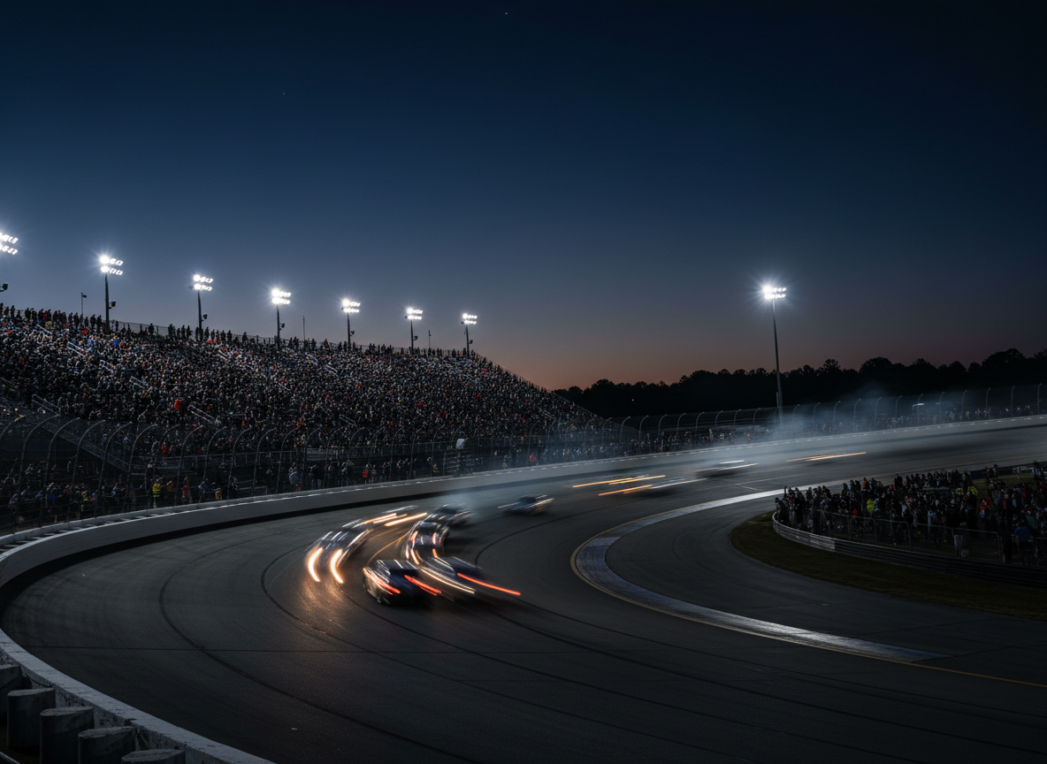 Stock cars racing around a banked oval track at dusk under floodlights